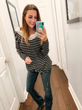 V-Neck Stripe Lace Twisted Long Sleeve Top