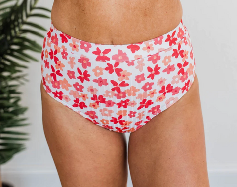 White Floral High Waist Bikini Bottoms