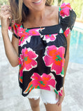 Square Neck Floral Ruffle Sleeve Top