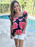 Square Neck Floral Ruffle Sleeve Top